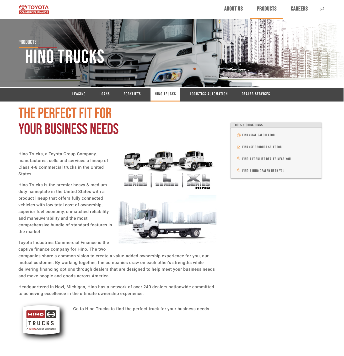 Screenshot of Hino trucks product webpage